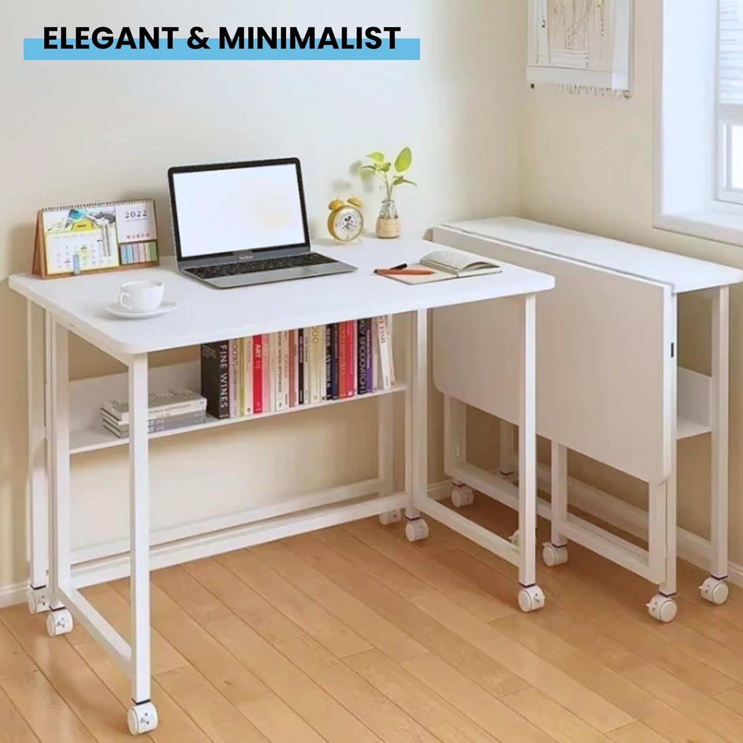 Escritorio Plegable con Ruedas. Mesa Multifuncional con Estanteria, Mesa Plegable para Ordenador, Mesa de Estudio, Escritorio Compacto y Movible para Oficina, Casa, Computadora. 80x58x75 cm