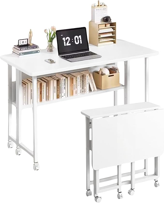 Escritorio Plegable con Ruedas. Mesa Multifuncional con Estanteria, Mesa Plegable para Ordenador, Mesa de Estudio, Escritorio Compacto y Movible para Oficina, Casa, Computadora. 80x58x75 cm