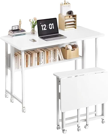 Escritorio Plegable con Ruedas. Mesa Multifuncional con Estanteria, Mesa Plegable para Ordenador, Mesa de Estudio, Escritorio Compacto y Movible para Oficina, Casa, Computadora. 80x58x75 cm