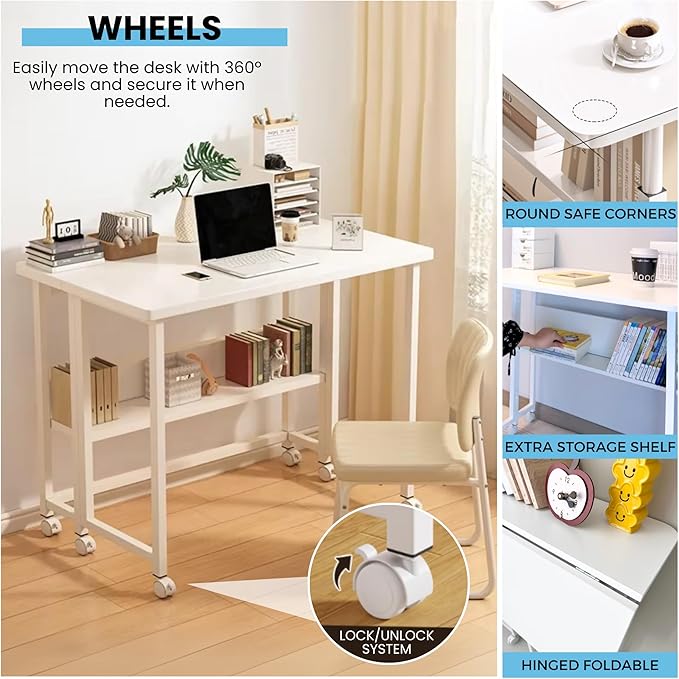 Escritorio Plegable con Ruedas. Mesa Multifuncional con Estanteria, Mesa Plegable para Ordenador, Mesa de Estudio, Escritorio Compacto y Movible para Oficina, Casa, Computadora. 80x58x75 cm