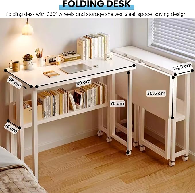 Escritorio Plegable con Ruedas. Mesa Multifuncional con Estanteria, Mesa Plegable para Ordenador, Mesa de Estudio, Escritorio Compacto y Movible para Oficina, Casa, Computadora. 80x58x75 cm