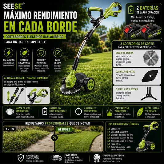 SEESE® Cortabordes eléctrico inalámbrico on 3 accesorios de corte diferentes para recortar y perfilar el césped, incluye 2 baterías y diseño de arrastre ligero; ideal para patios y jardines interiores y exteriores
