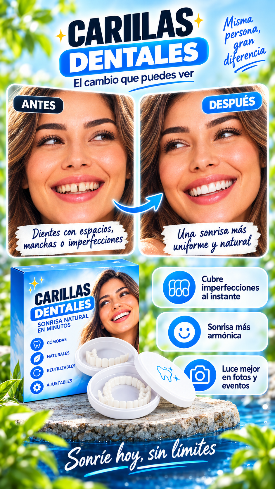 Carillas dentales removibles - antes y después ilustrativo